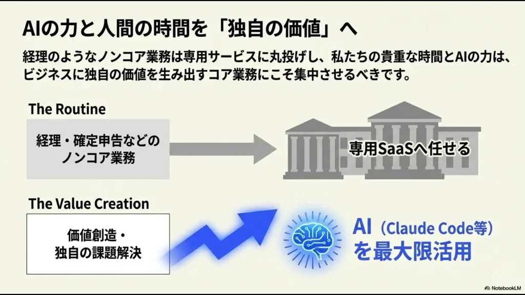 経理などのノンコア業務は専用SaaSに任せ、独自の価値創造にAIと人間の時間を集中させる戦略