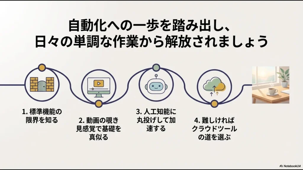 標準機能の限界把握から動画学習、AI活用、クラウドツールの検討まで自動化への4つのステップのまとめ