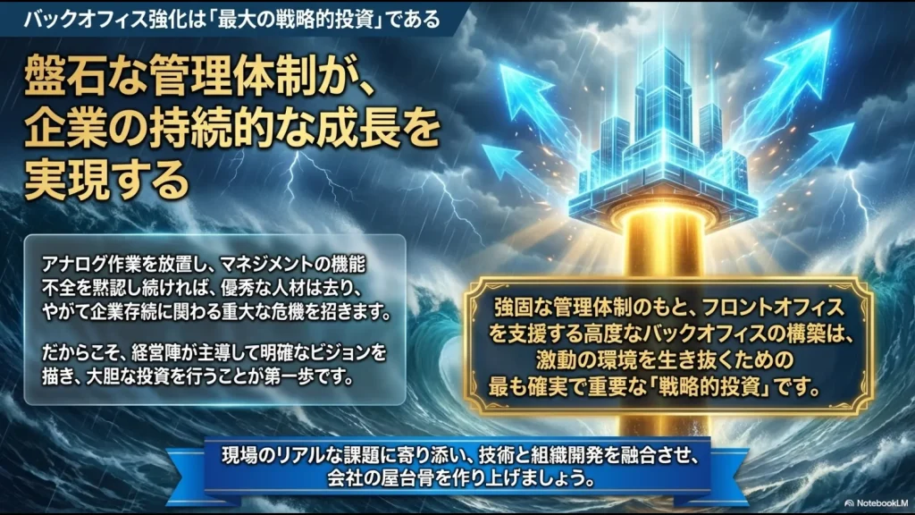 バックオフィス強化を、激動の環境を生き抜くための最も確実で重要な戦略的投資と位置づけるメッセージ
