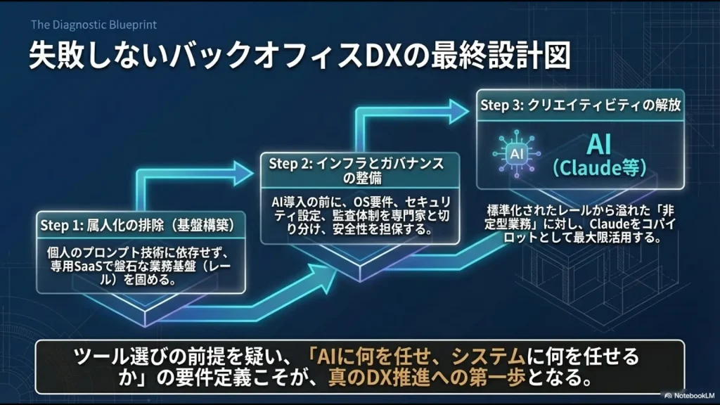 属人化排除、インフラ整備、クリエイティビティ解放の3段階で進めるAI導入ロードマップ