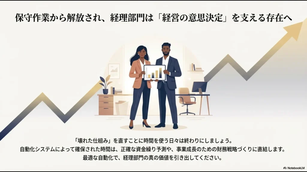 グラフを持つビジネスパーソンのイラストとともに、保守から解放され財務戦略に注力する経理の姿を描いたスライド。