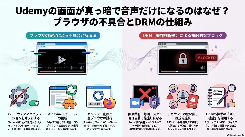 Udemyの画面が真っ暗で音声だけになるのはなぜ？ブラウザの不具合とDRMの仕組み