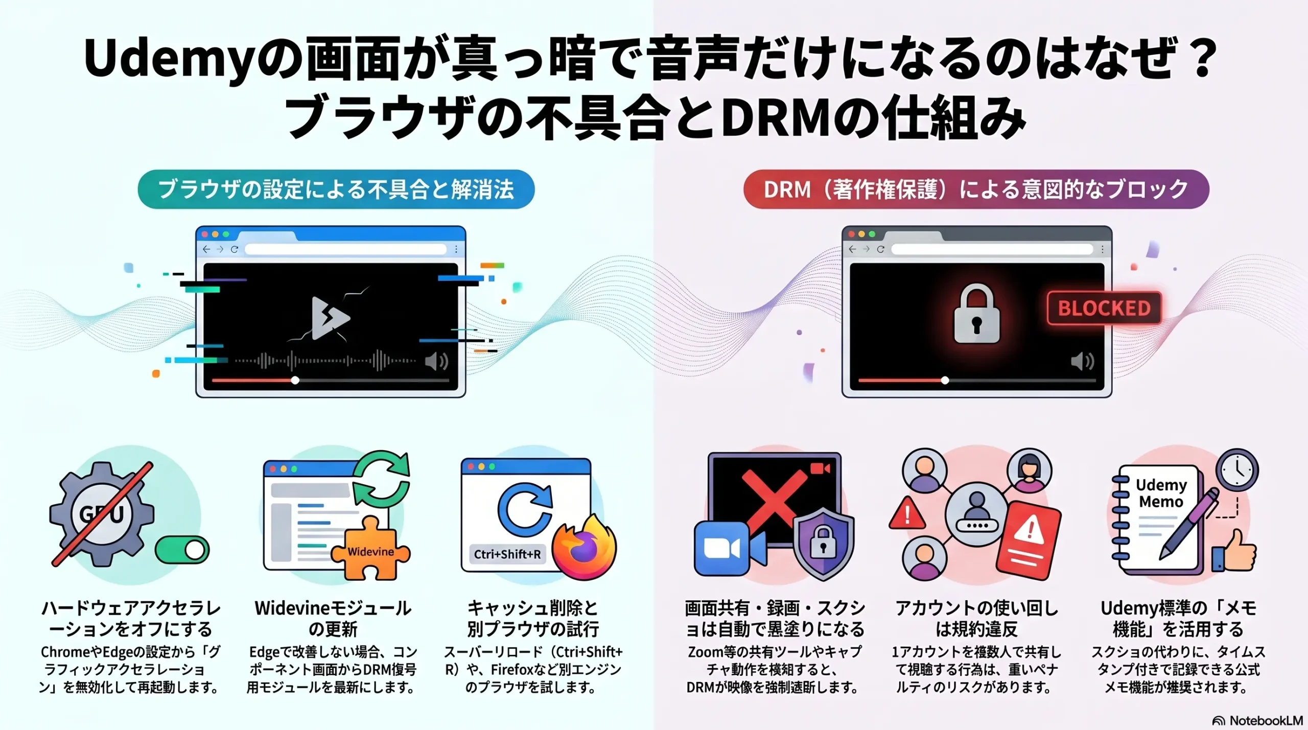 Udemyの画面が真っ暗で音声だけになるのはなぜ？ブラウザの不具合とDRMの仕組み