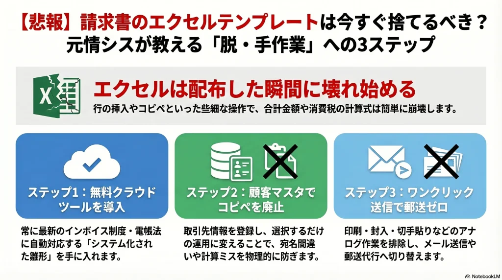 【悲報】請求書のエクセルテンプレートは今すぐ捨てるべき？元情シスが教える「脱・手作業」への3ステップ