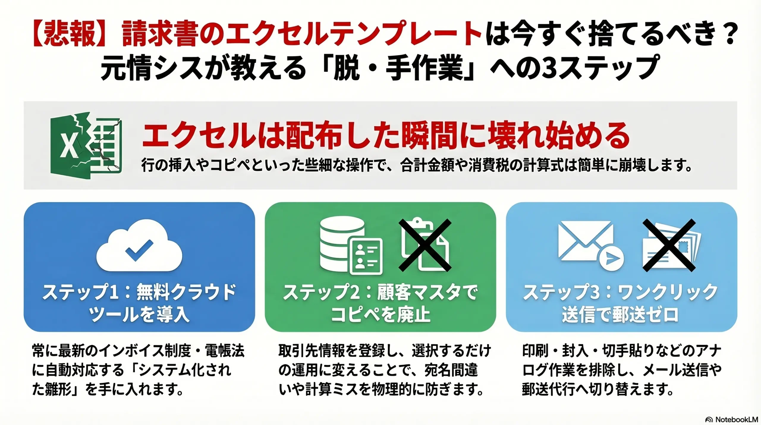 【悲報】請求書のエクセルテンプレートは今すぐ捨てるべき？元情シスが教える「脱・手作業」への3ステップ