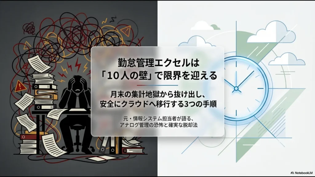 勤怠管理エクセルが10人の壁で限界を迎える理由と、クラウド移行への3つの手順を解説するスライドの表紙。