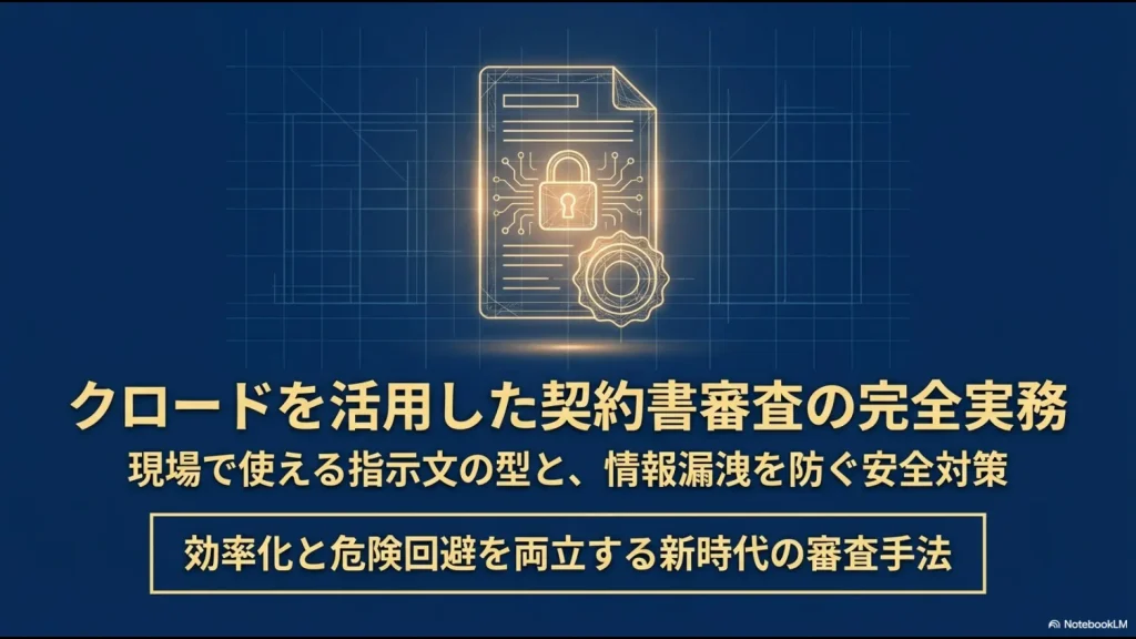 Claudeを活用した契約書審査の完全実務。指示文の型と情報漏洩対策についての解説スライド。