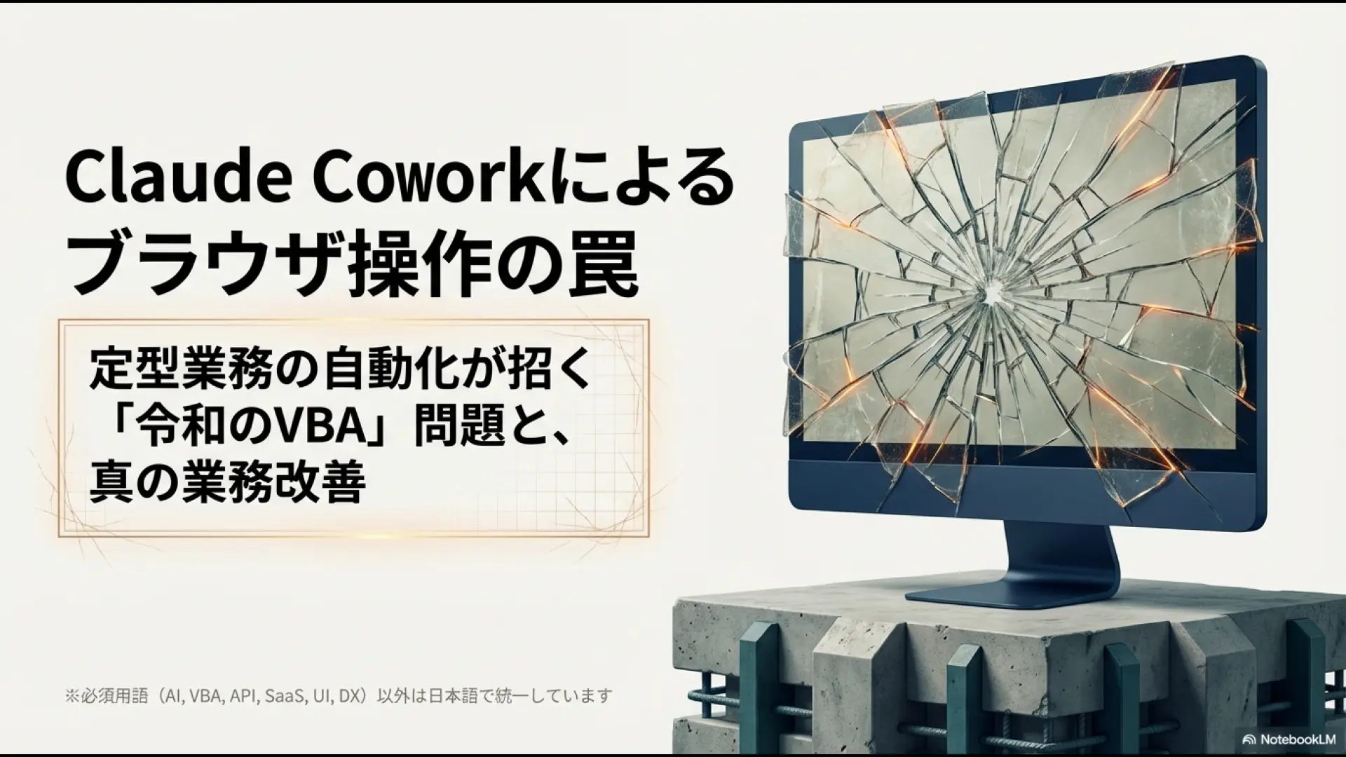 Claude Coworkによるブラウザ操作の罠と、定型業務の自動化が招く令和のVBA問題、真の業務改善を解説するスライドの表紙