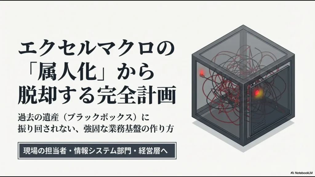 エクセルマクロの属人化から脱却し、ブラックボックス化した過去の遺産に振り回されない強固な業務基盤を作るためのロードマップ。