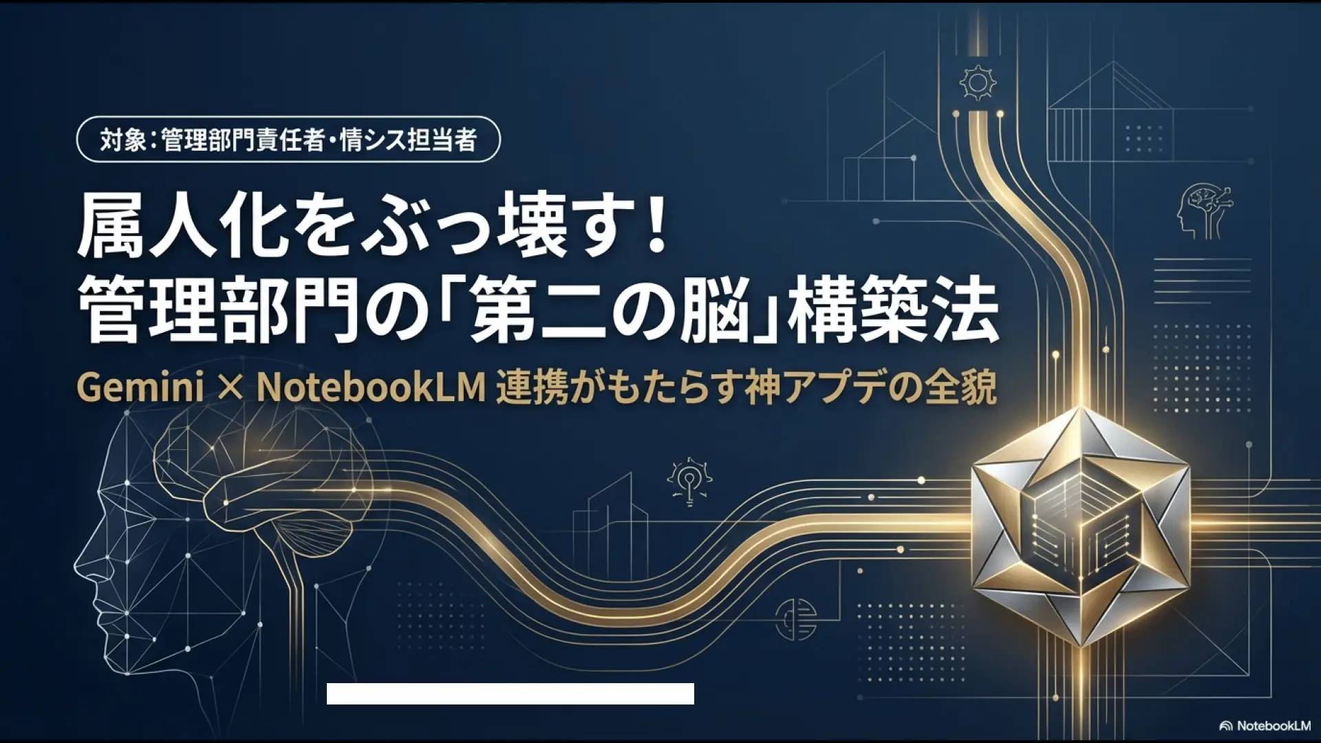 管理部門の属人化を解消し、GeminiとNotebookLM連携で「第二の脳」を構築する方法を説明するタイトルスライド