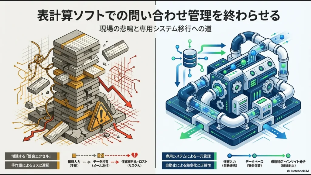 手動入力によるミスの多い表計算ソフトと、自動連携・一元管理で効率化する専用システムの比較図
