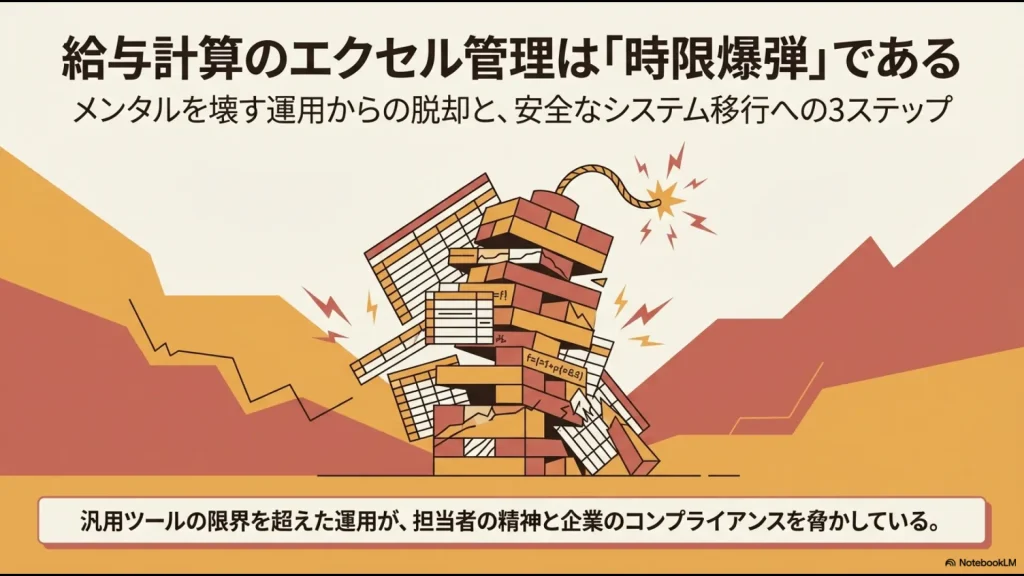 給与計算のエクセル管理を時限爆弾に例え、安全なシステム移行への3ステップを提示するスライド