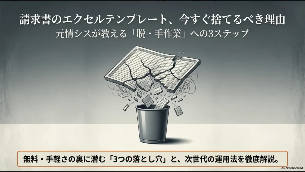請求書のエクセルテンプレートをゴミ箱に捨て、脱・手作業の3ステップへ進むことを示すイメージ画像