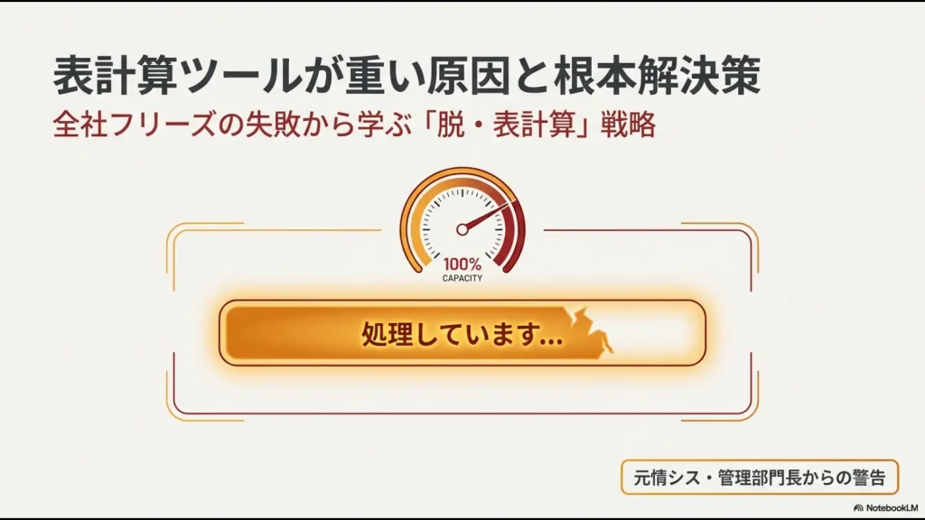 100%のキャパシティを示すゲージと、元情シス・管理部門長からの警告メッセージが描かれた記事の全体概要スライド