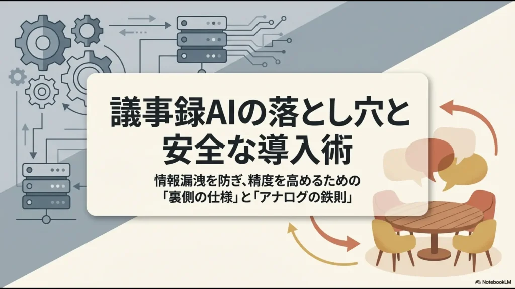 議事録AIの導入における情報漏洩防止と精度向上のための仕様と運用ルールを解説するスライド表紙