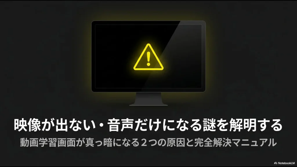 Udemyで講師の声は聞こえるが映像エリアが真っ黒になる「技術的な原因」と「意図的な制御」の解説図