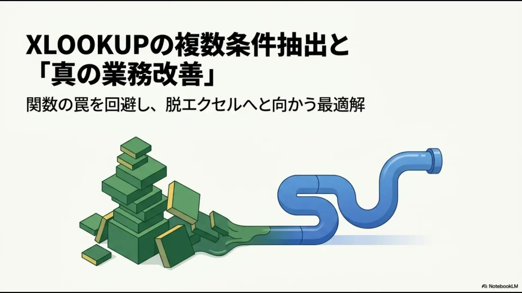 XLOOKUP関数での複数条件抽出から、真の業務改善・自動化へつなげるロードマップを示したタイトルスライド画像