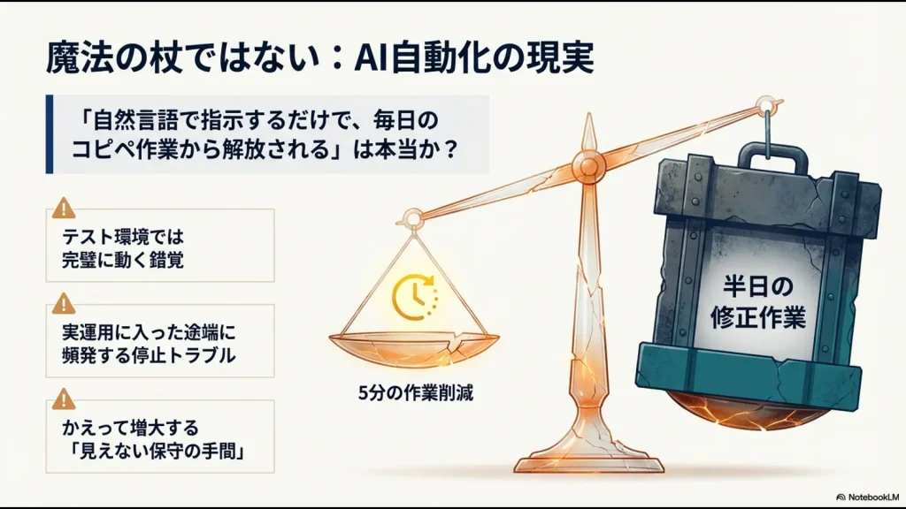 5分の作業削減のために半日の修正作業が発生する、AI自動化の「見えない保守の手間」を説明した図解