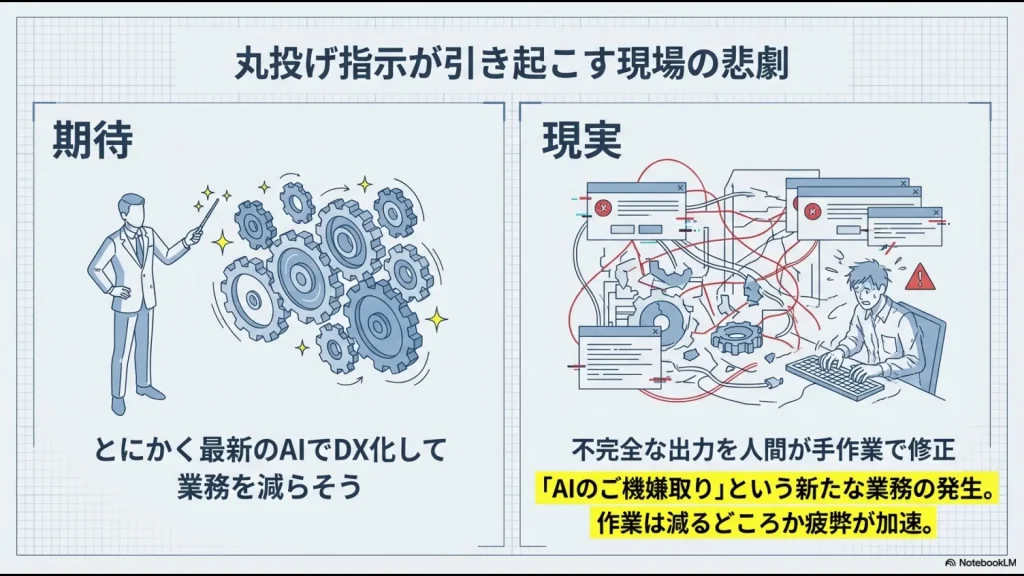 経営層の丸投げ指示によって現場が不完全なAI出力を修正し、疲弊が加速する現実の図解