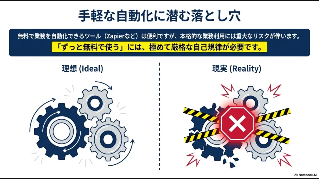 自動化がスムーズに回る理想と、無料プランでエラーが起きる現実を比較した歯車のイラスト