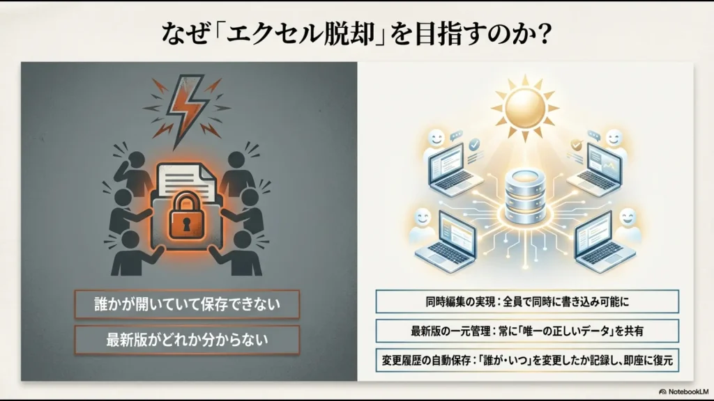 エクセルからkintoneへ移行することで実現する同時編集、最新版の一元管理、変更履歴の自動保存の解説図