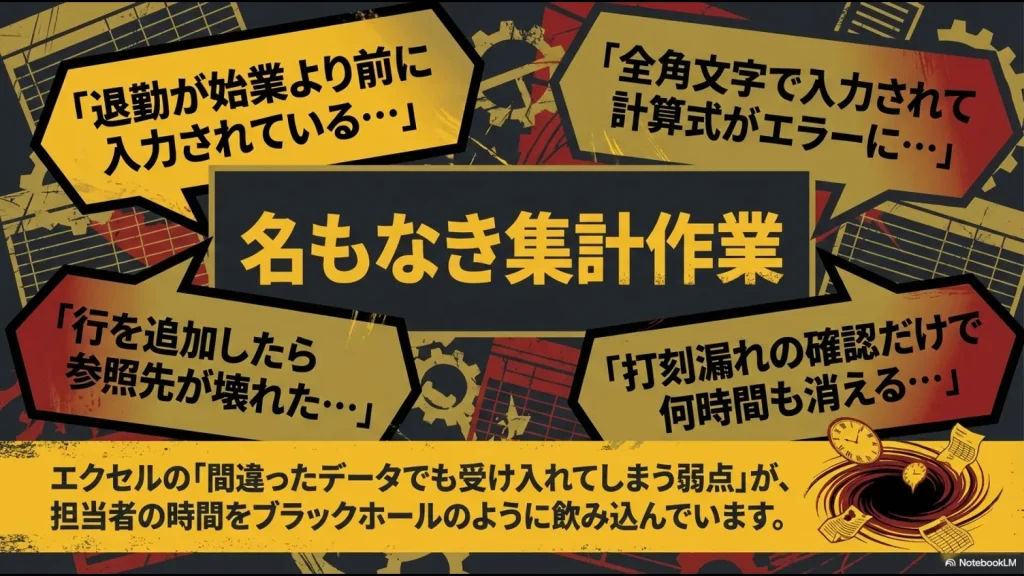 入力ミスや数式エラー、打刻漏れの確認など、エクセル管理における「名もなき集計作業」が時間を奪う様子を描いたイラスト。