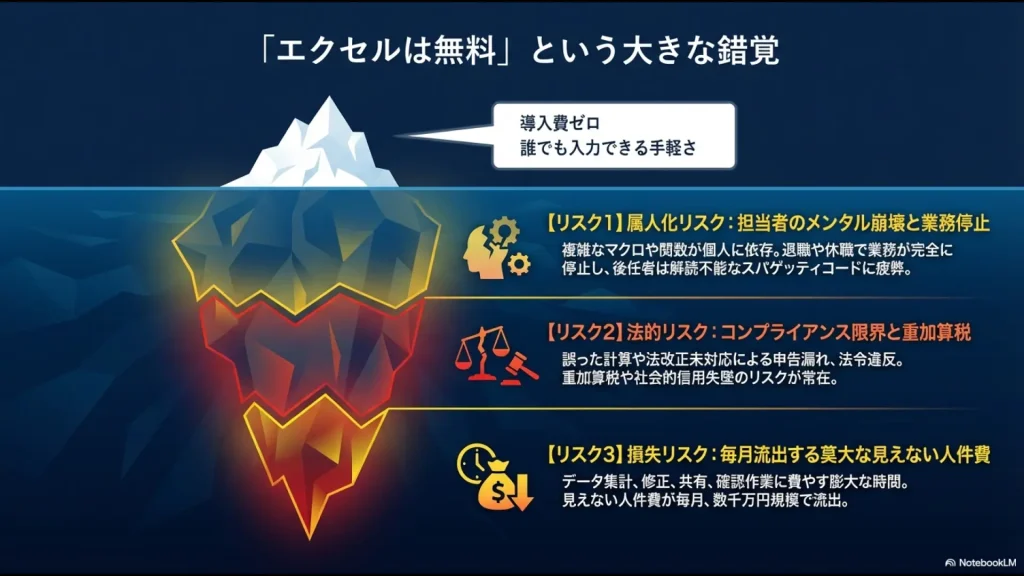 エクセル導入費ゼロという錯覚に対し、属人化、法的リスク、人件費損失という3つの経営リスクを説明するスライド