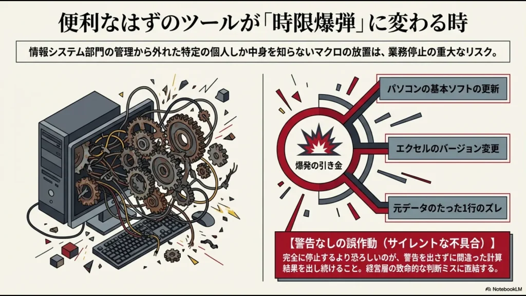 OS更新、エクセルバージョン変更、元データのレイアウトズレがマクロ停止の引き金となり、経営判断ミスを招くサイレントな不具合を発生させる解説図。