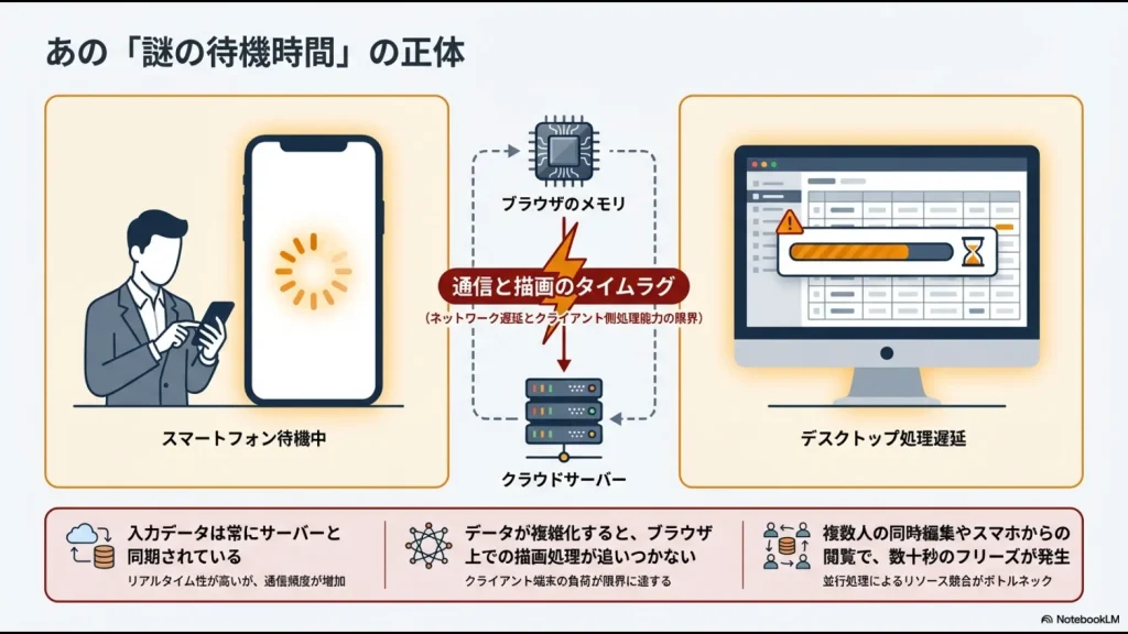 スマートフォンでの待機画面と、クラウドサーバーとの同期によるネットワーク遅延・描画処理の限界を示す図解スライド