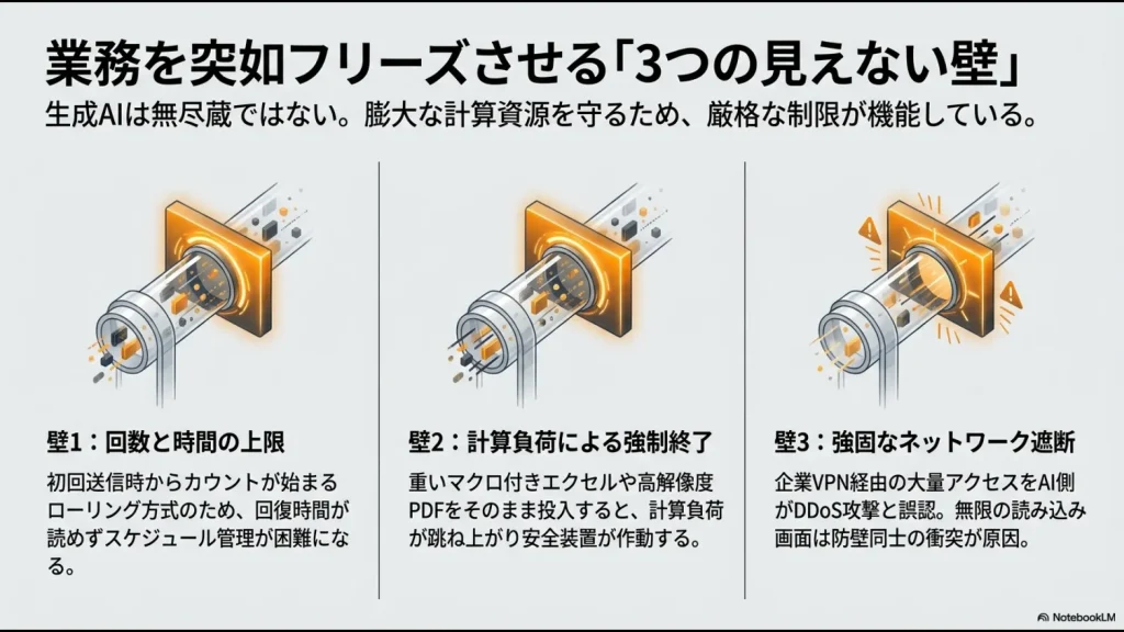GPT-5のメッセージ回数制限、計算負荷による強制終了、ネットワーク遮断の3つの壁を解説する図解