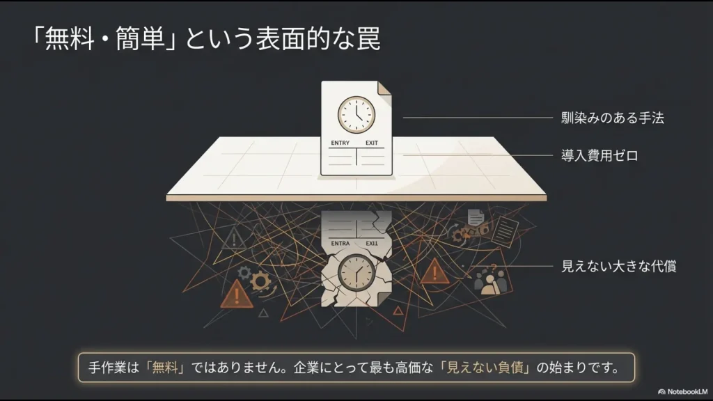 導入費用ゼロに見える手作業の勤怠管理が、実は見えない大きな代償を伴う負債であることを示す図解