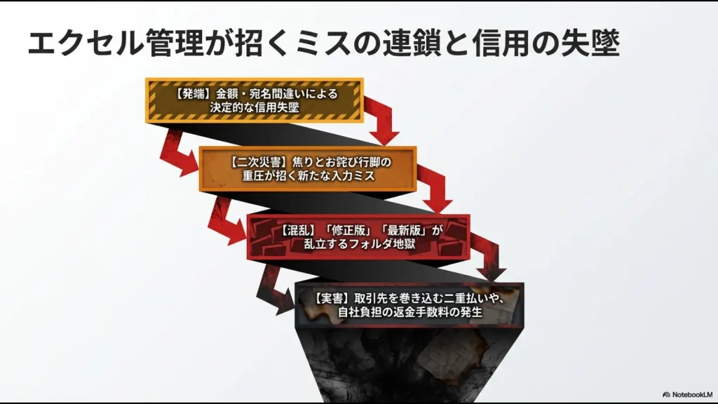 人間の入力ミス確率は約0.5%であり、指差し確認などの精神論や実質を伴わないハンコリレーではミスを防げないことを説明するスライド