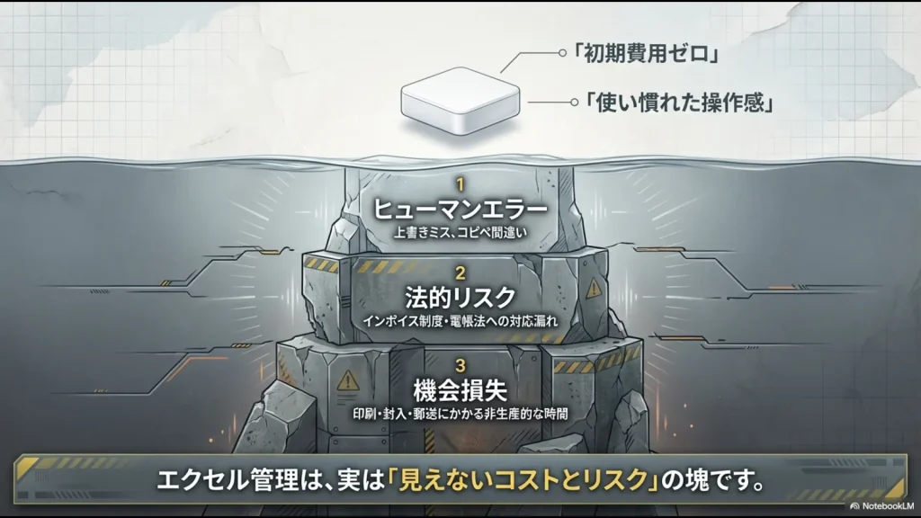 請求書エクセル管理の3大リスクとして「ヒューマンエラー」「法的リスク」「機会損失」を挙げたスライド