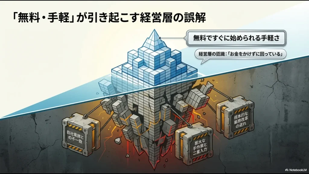 経営層からは見えない水面下で、膨大な手作業や業務の不一致、改革の遅れが発生していることを示すイラスト