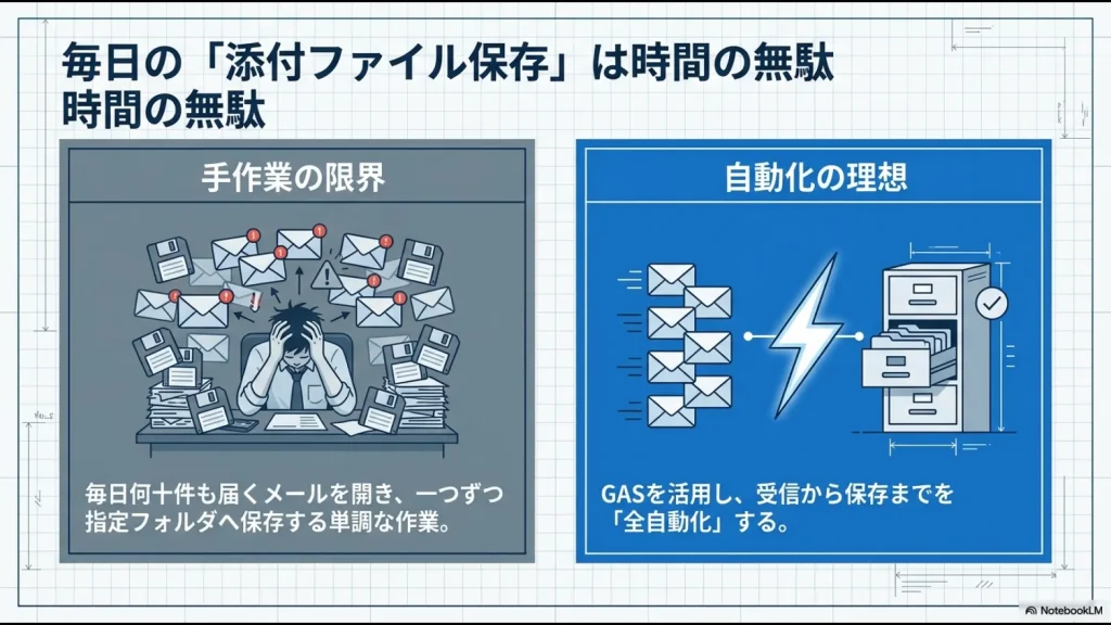 毎日届く大量のメールを一つずつ保存する手作業の限界と、全自動化による効率化の対比図