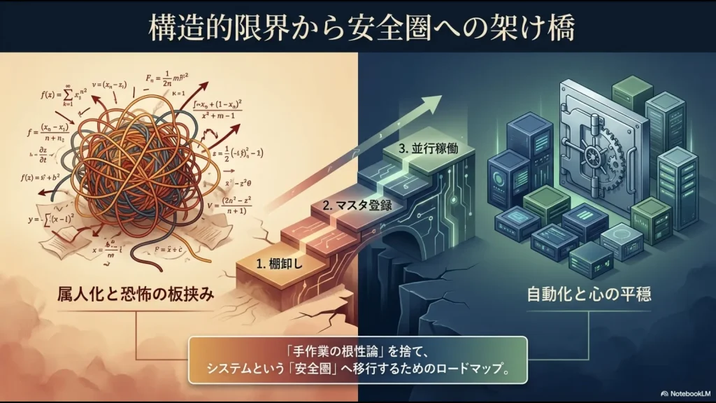 1.棚卸し、2.マスタ登録、3.並行稼働という、属人化と恐怖から脱出するための3ステップの概要図