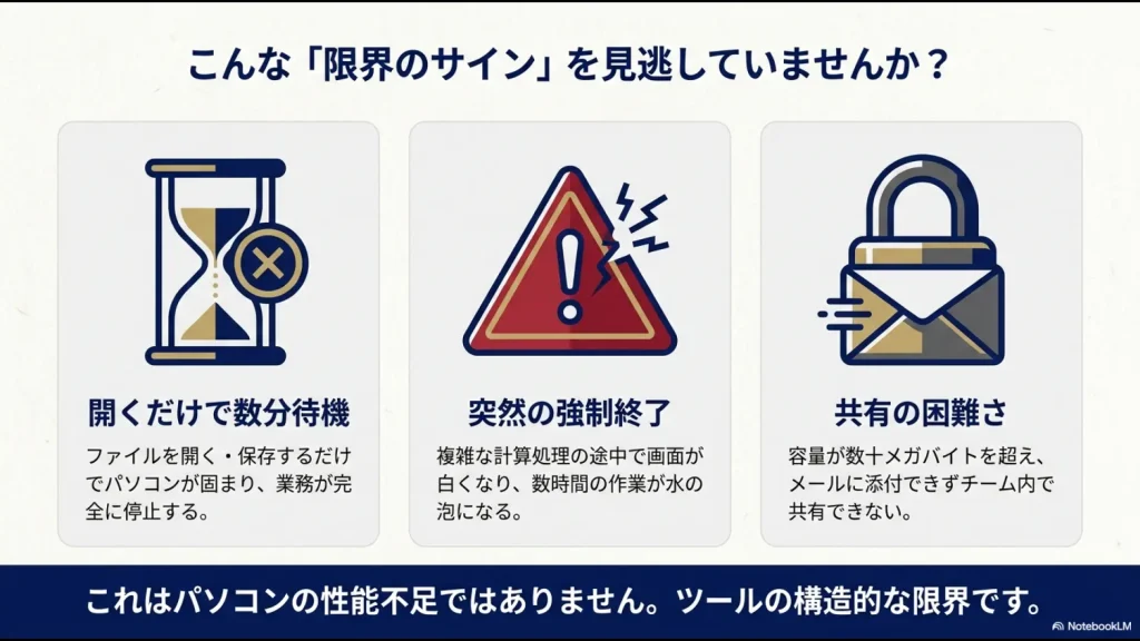 砂時計、警告、鍵のアイコンで示すエクセルの限界症状
