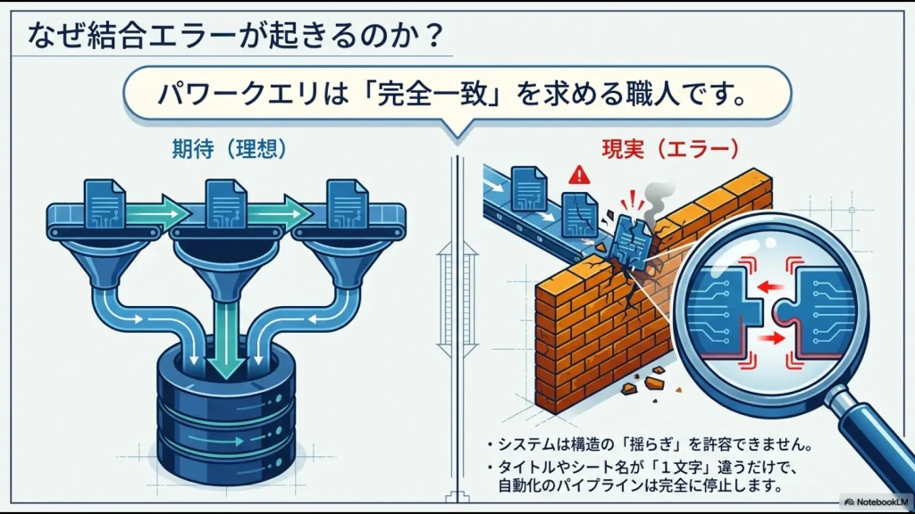 パワークエリの結合エラーが起きる仕組みと、シート名・列名の不一致という2大原因を説明する図解スライド
