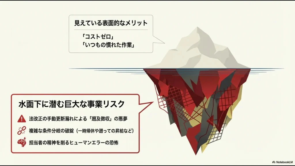 社会保険料のエクセル管理において表面的なメリットの裏に隠された、遡及徴収やヒューマンエラーなどの巨大なリスクの説明図