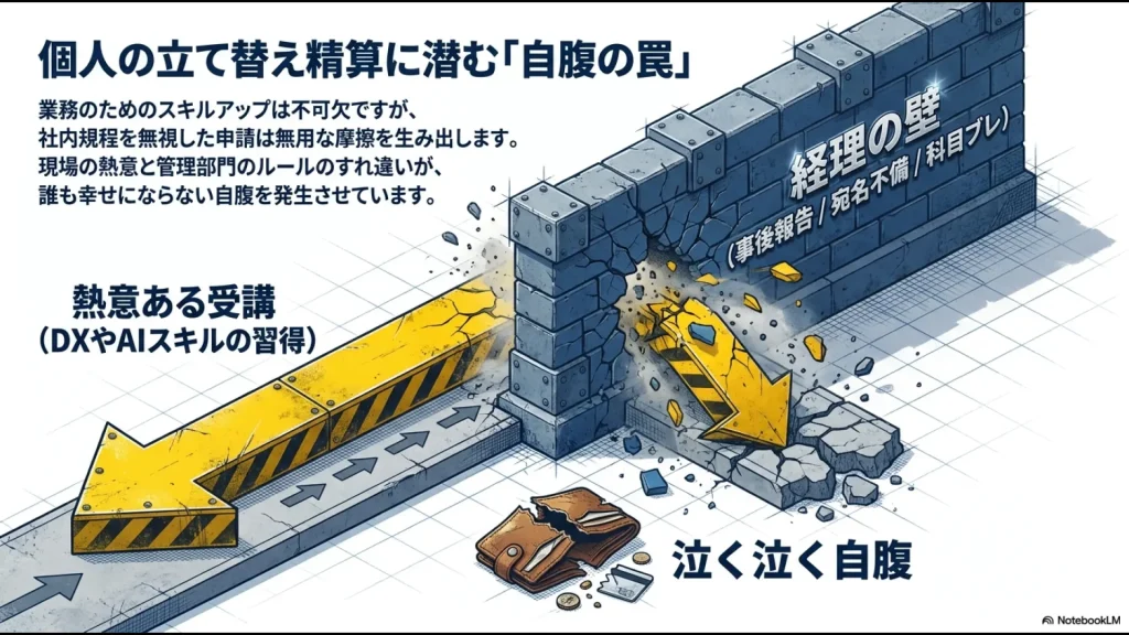 現場の受講意欲と経理ルールのすれ違いにより自腹が発生する構造を示す図