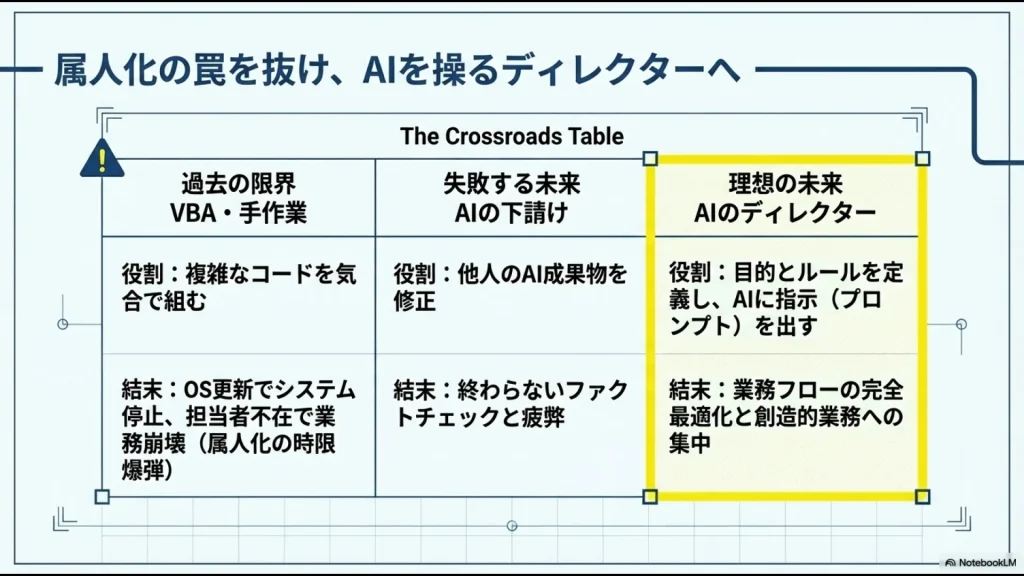 属人化する過去、疲弊する下請け、業務を最適化するAIディレクターの比較表