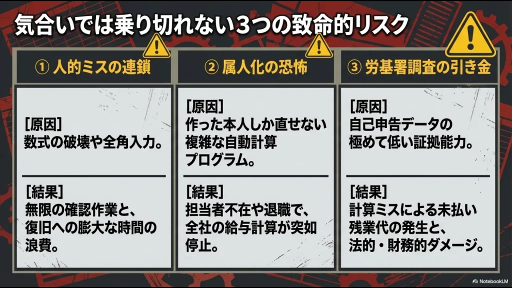 人的ミスの連鎖、属人化、労基署調査という、エクセル勤怠管理が抱える3つの法的・財務的リスクをまとめた図解。