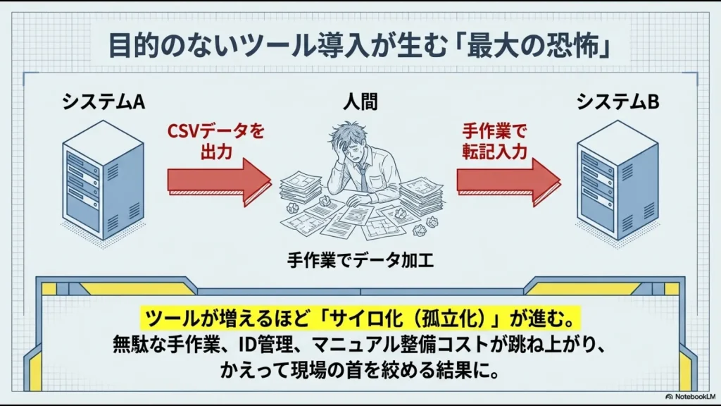 システム間で人間が手作業による転記・加工を行うことで「サイロ化」が進む様子を説明した図