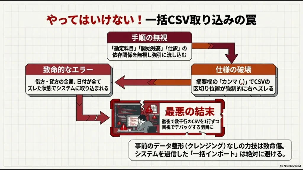 摘要欄のカンマによってデータの区切りがズレ、借方・貸方の金額や日付がバラバラに取り込まれるエラーの図解