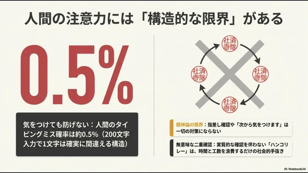 人間の入力ミス確率は約0.5%であり、指差し確認などの精神論や実質を伴わないハンコリレーではミスを防げないことを説明するスライド
