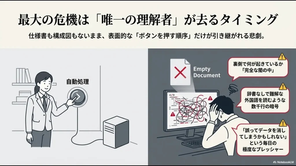 仕様書がないまま数千行の暗号のようなマクロを引き継ぎ、中身がわからない状態で操作を続ける担当者のプレッシャー。