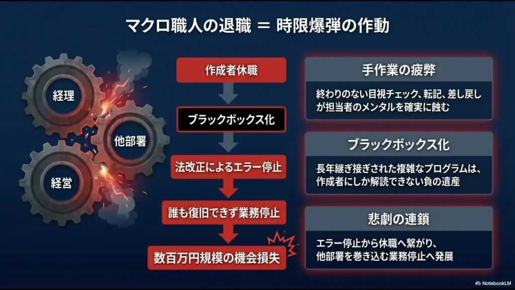 マクロ作成者の休職・退職からブラックボックス化、エラー停止、業務停止へと発展する悲劇の連鎖図