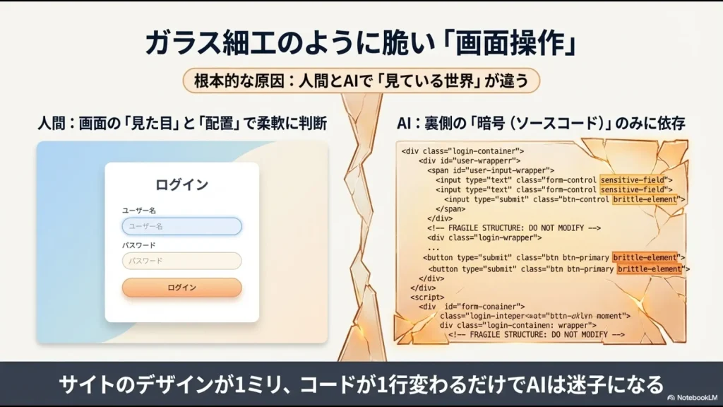 人間は画面の見た目で判断するが、AIは裏側のソースコードのみに依存するため、デザインが1ミリ変わるだけで迷子になることを示す比較図