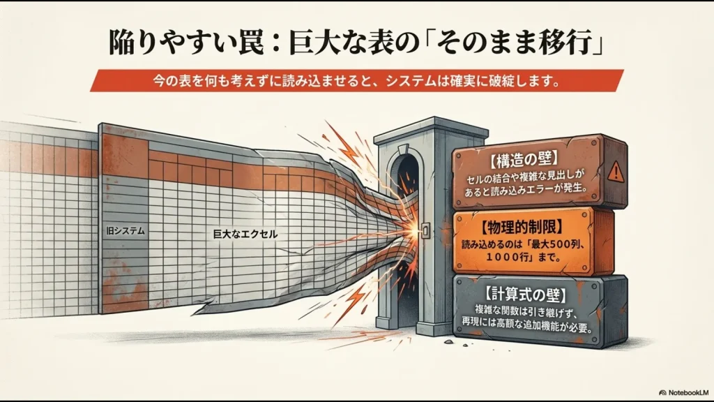 kintoneへのインポート制限である最大500列・1000行や、結合セルのエラー、関数の引き継ぎ不可に関する注意点