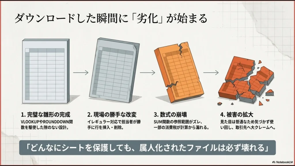 印刷、三つ折り、封入、郵送といった、虚無感を感じるアナログな請求業務の手順図